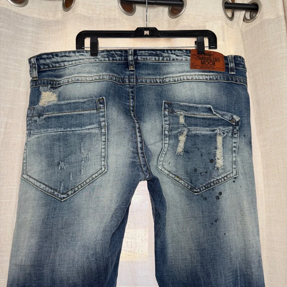 Smugglers Moon Distressed Ripped Paint Splatter Blue Jeans Button Fly Mens 42x33